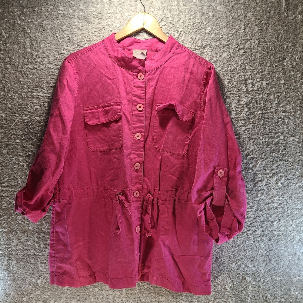 Chico’s Linen Jacket Shirt Roll Tab Sleeve Pink 3/4 Sleeve Pockets Button Up 2 L